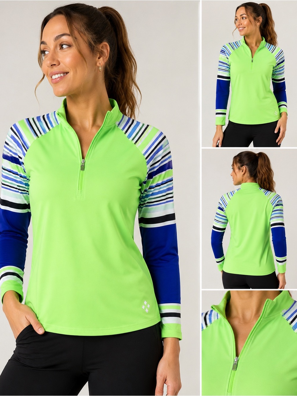 Jofit Lime Green Half-Zip 3/4 Sleeve Top with Blue-Striped Raglan Sleeves